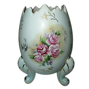 VTG/MCM 1967 Inarco DUCK EGG BLUE Footed Egg Vase Gold Trim and Roses 5" TALL